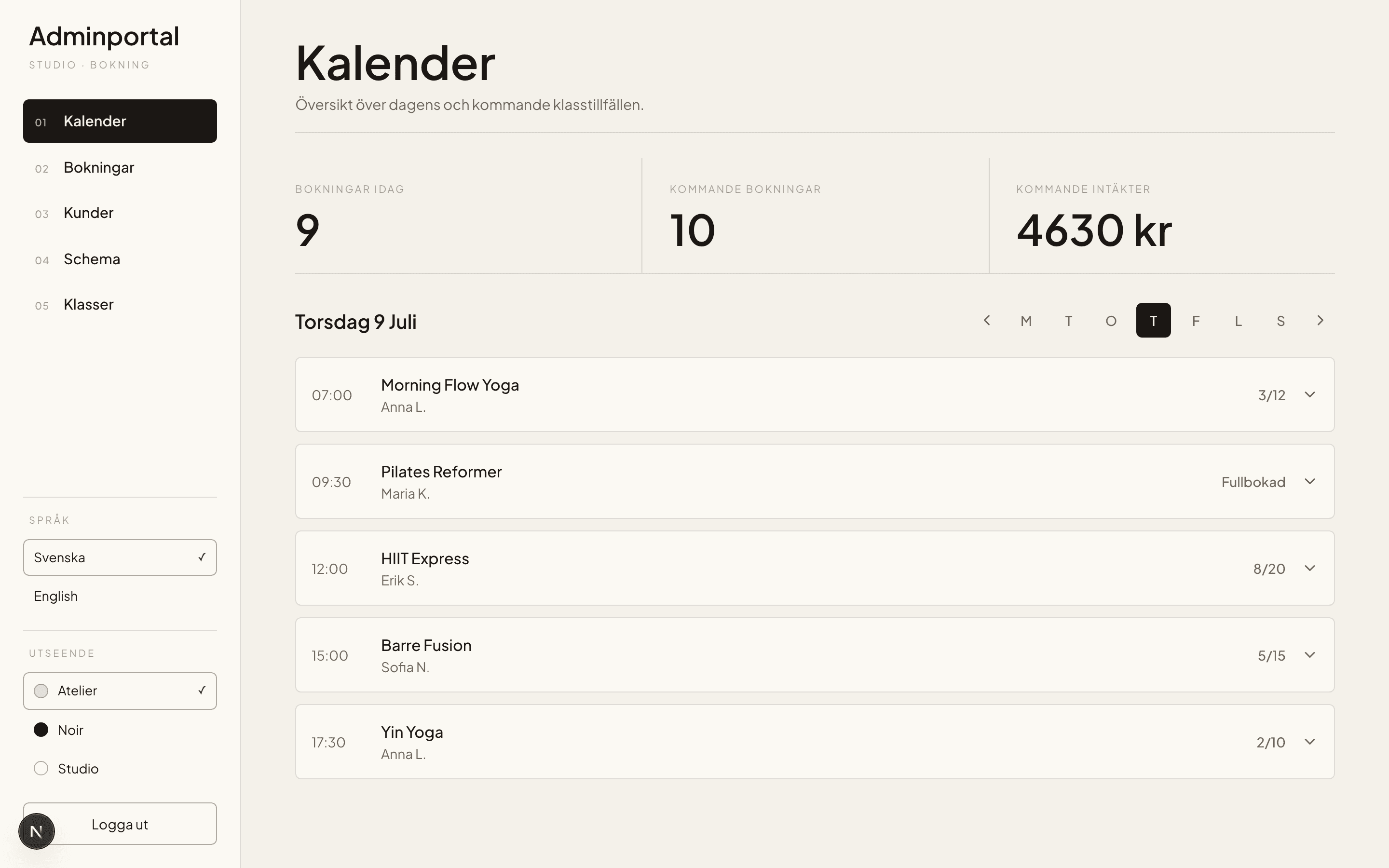 Adminportalen — kalender med dagens bokningar, intäkter och beläggning per klass